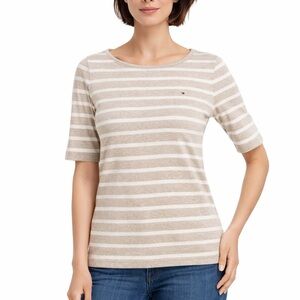 Tommy Hilfiger Shirt Womens Large White Beige Striped Casual Cotton Ladies S